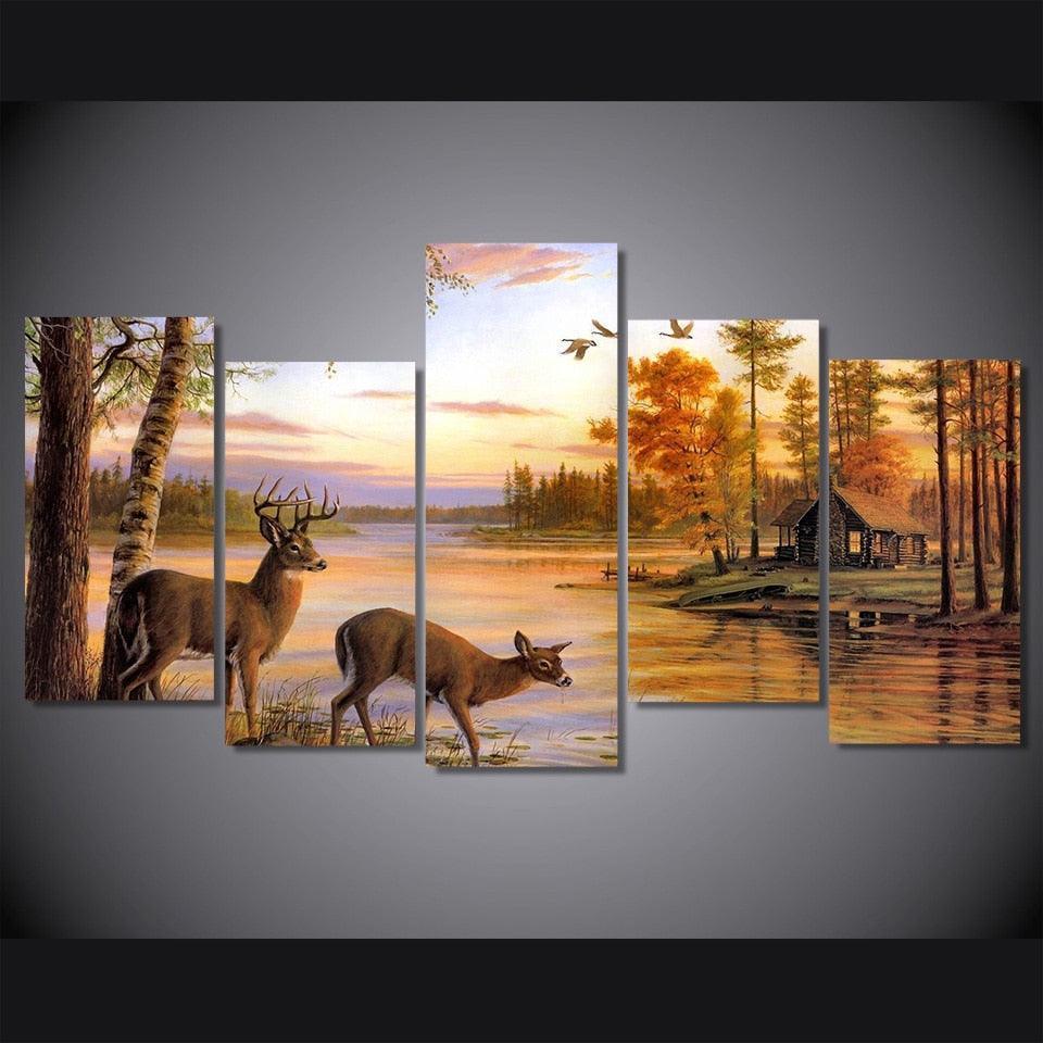 Deer in Forest 5 Piece HD Multi Panel Canvas Wall Art Frame-Original Frame