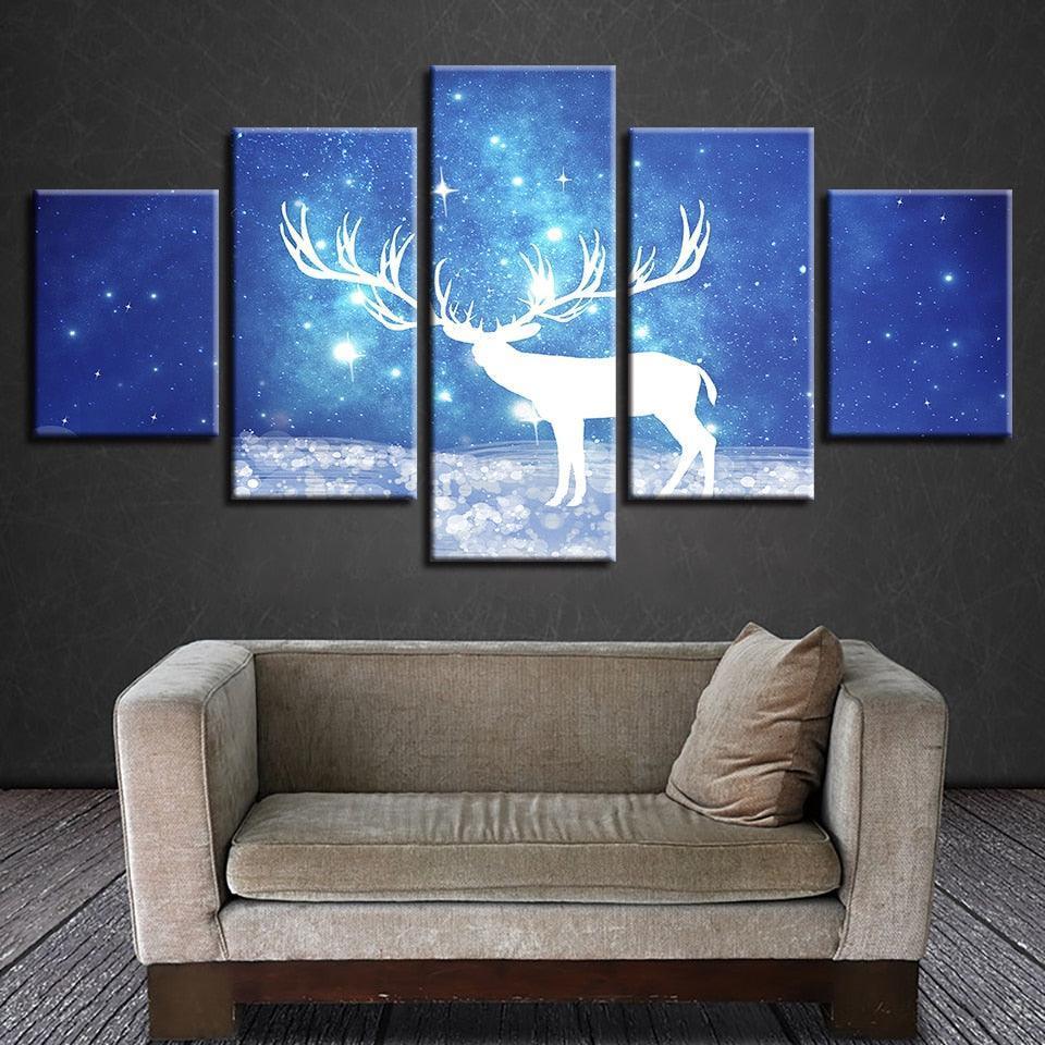 Starry Sky Deer 5 Piece HD Multi Panel Canvas Wall Art Frame-Original Frame