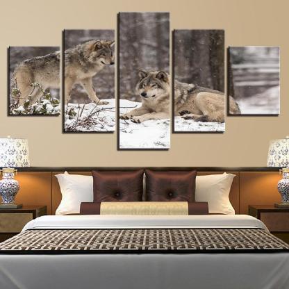 Wolf Couple 5 Piece HD Multi Panel Canvas Wall Art Frame-Original Frame