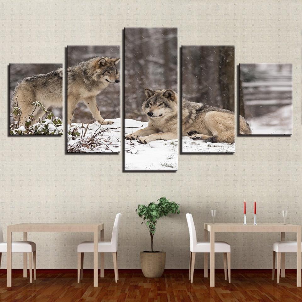 Wolf Couple 5 Piece HD Multi Panel Canvas Wall Art Frame-Original Frame