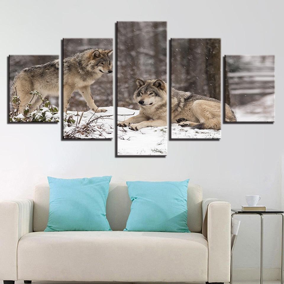 Wolf Couple 5 Piece HD Multi Panel Canvas Wall Art Frame-Original Frame