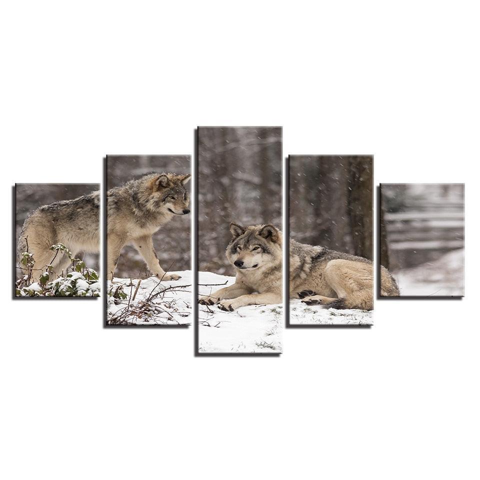 Wolf Couple 5 Piece HD Multi Panel Canvas Wall Art Frame-Original Frame