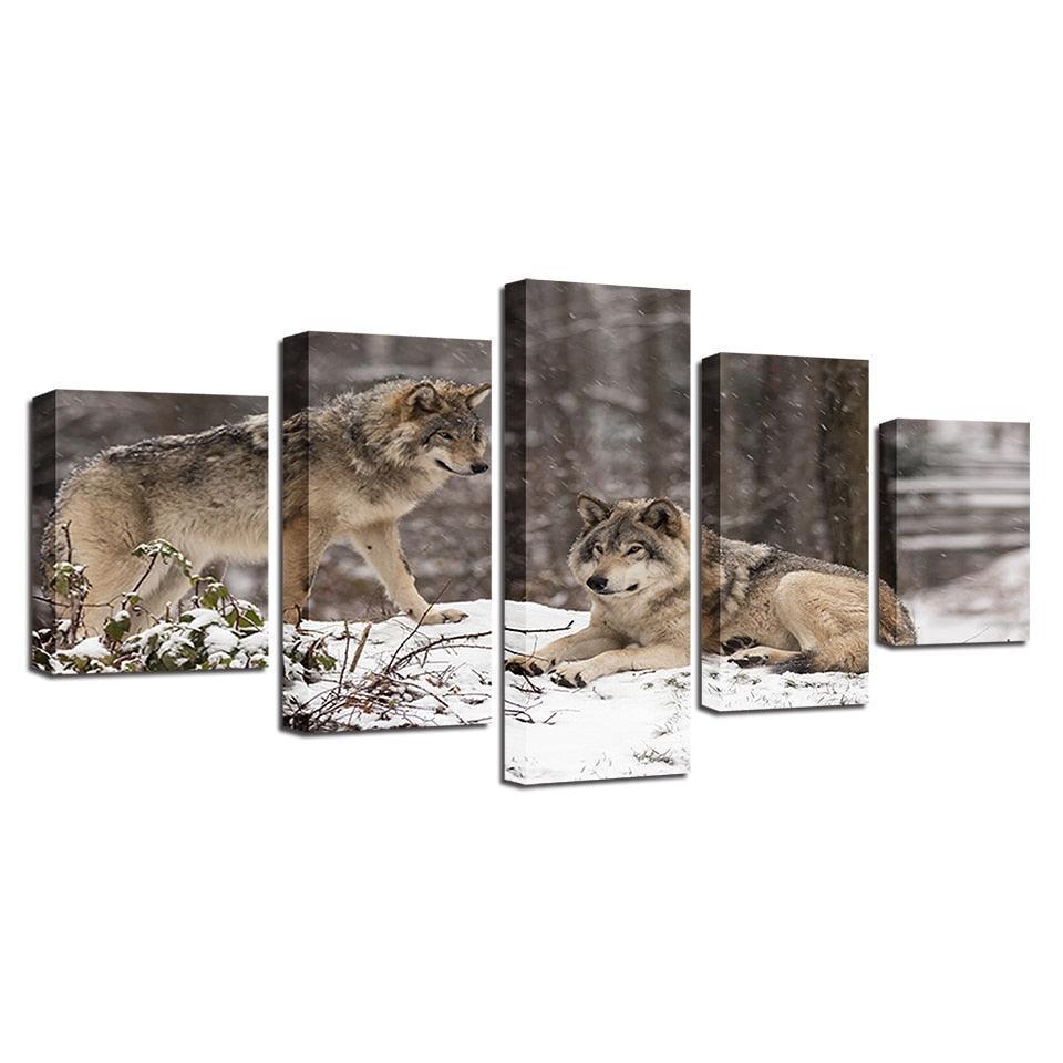 Wolf Couple 5 Piece HD Multi Panel Canvas Wall Art Frame-Original Frame