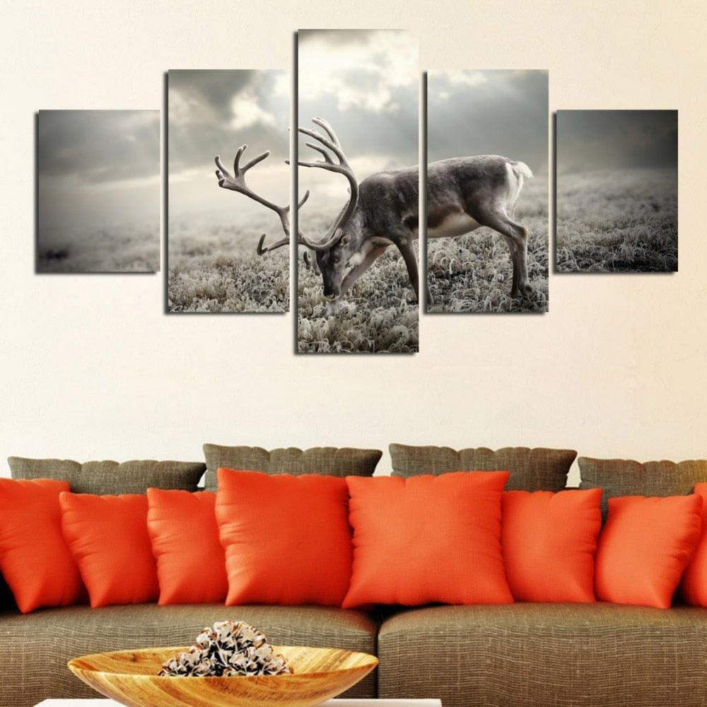 Winter Forest Deer 5 Piece HD Multi Panel Canvas Wall Art Frame-Original Frame