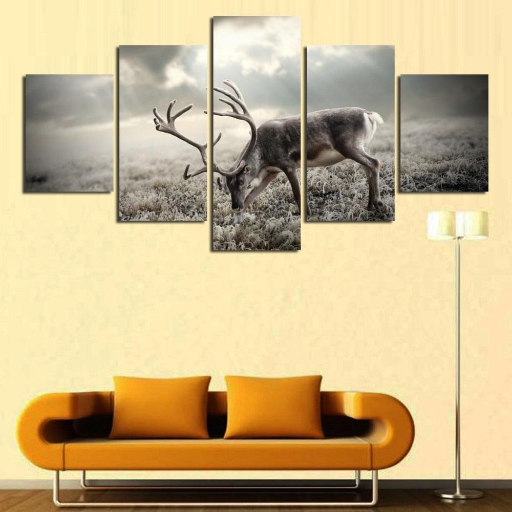 Winter Forest Deer 5 Piece HD Multi Panel Canvas Wall Art Frame-Original Frame
