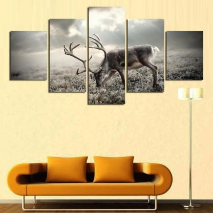 Winter Forest Deer 5 Piece HD Multi Panel Canvas Wall Art Frame-Original Frame