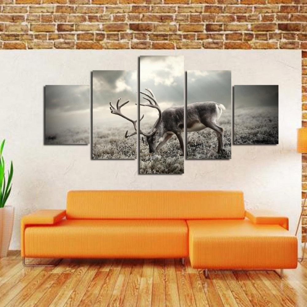 Winter Forest Deer 5 Piece HD Multi Panel Canvas Wall Art Frame-Original Frame