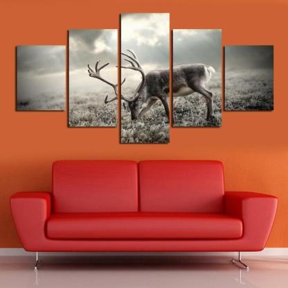 Winter Forest Deer 5 Piece HD Multi Panel Canvas Wall Art Frame-Original Frame