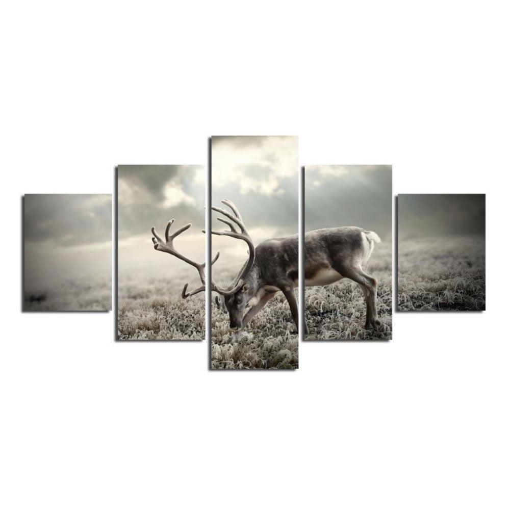 Winter Forest Deer 5 Piece HD Multi Panel Canvas Wall Art Frame-Original Frame