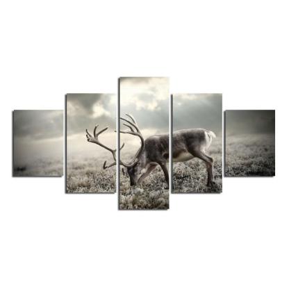Winter Forest Deer 5 Piece HD Multi Panel Canvas Wall Art Frame-Original Frame