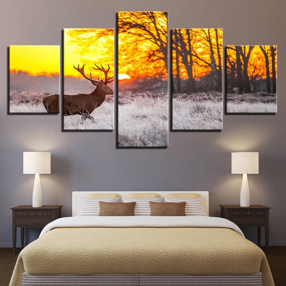 Winter Sunset Deer 5 Piece HD Multi Panel Canvas Wall Art Frame-Original Frame