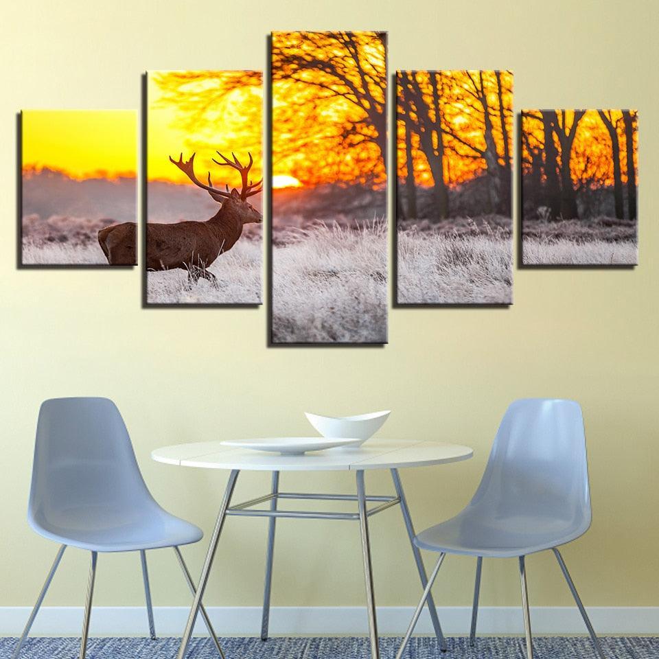 Winter Sunset Deer 5 Piece HD Multi Panel Canvas Wall Art Frame-Original Frame