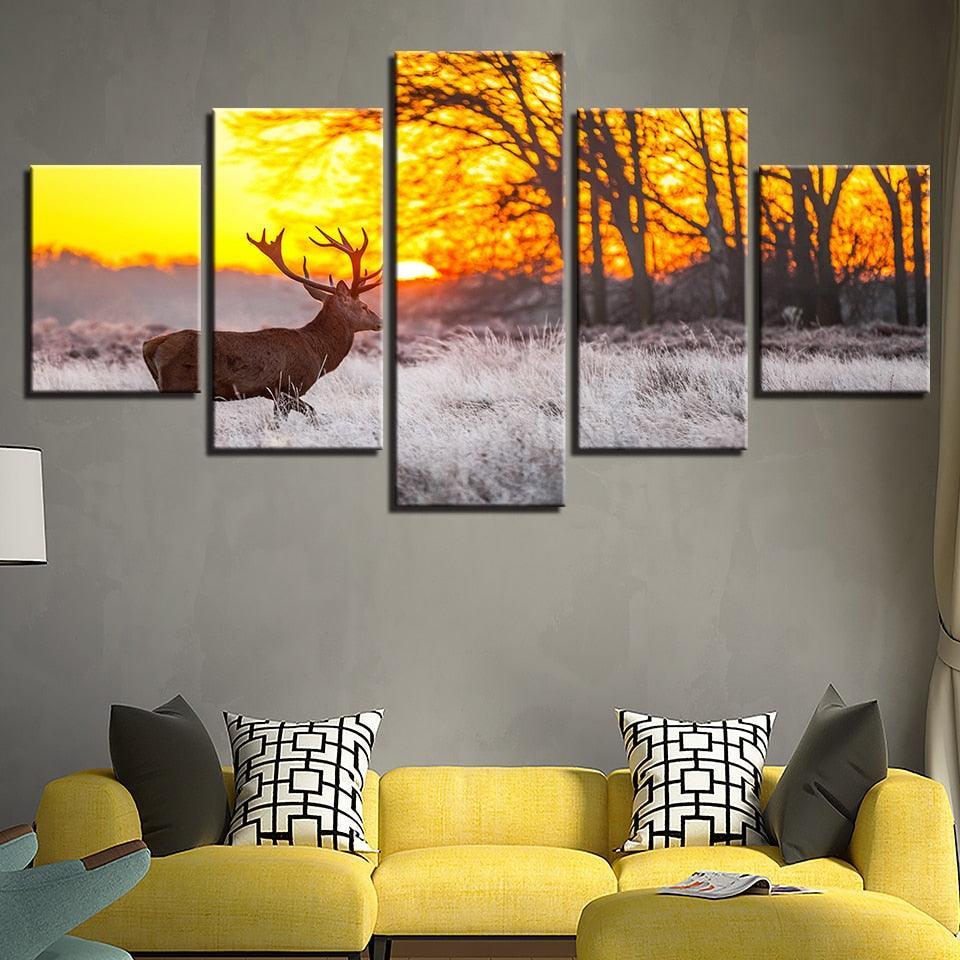 Winter Sunset Deer 5 Piece HD Multi Panel Canvas Wall Art Frame-Original Frame