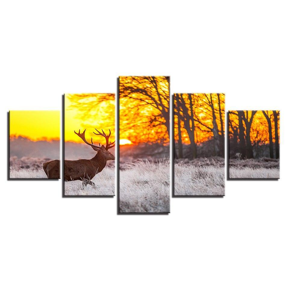 Winter Sunset Deer 5 Piece HD Multi Panel Canvas Wall Art Frame-Original Frame