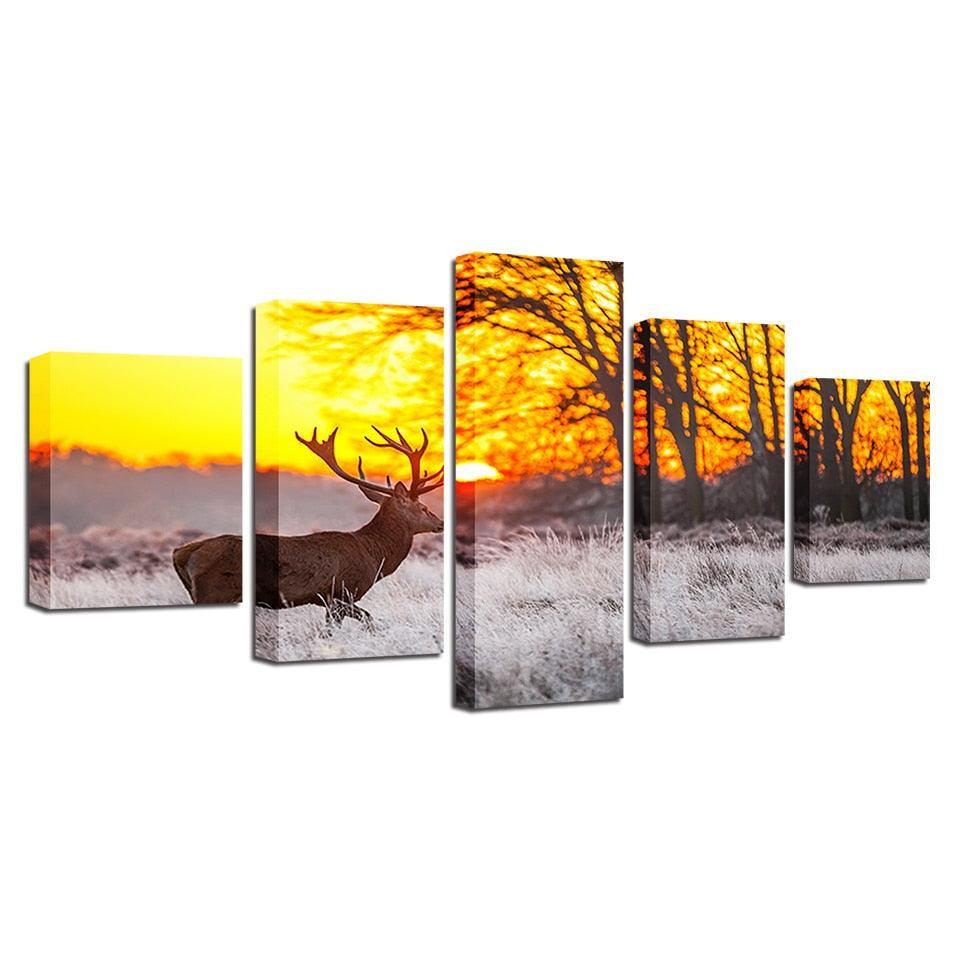 Winter Sunset Deer 5 Piece HD Multi Panel Canvas Wall Art Frame-Original Frame