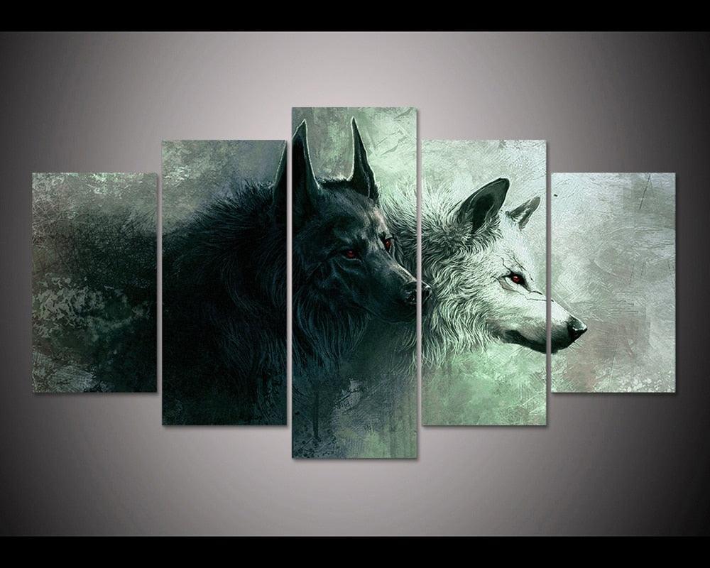 Red Eyes Two Wolves 5 Piece HD Multi Panel Canvas Wall Art Frame-Original Frame