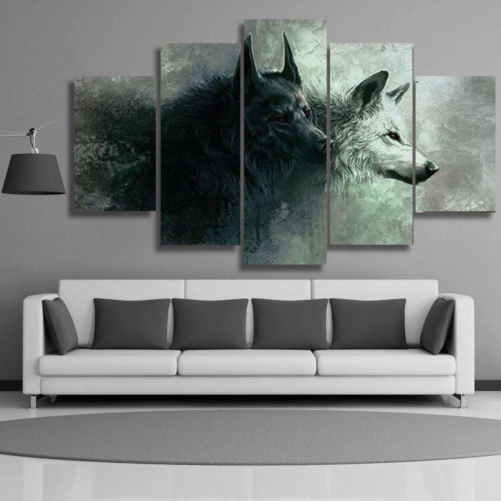 Red Eyes Two Wolves 5 Piece HD Multi Panel Canvas Wall Art Frame-Original Frame