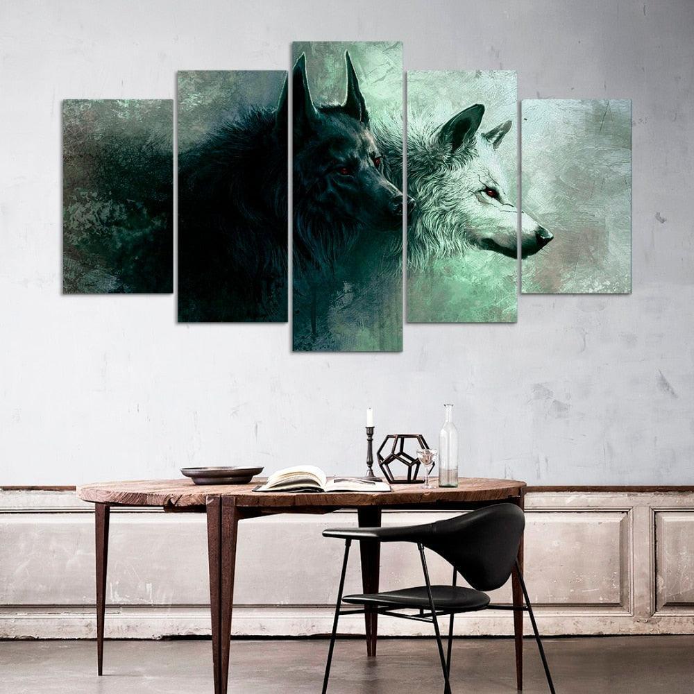 Red Eyes Two Wolves 5 Piece HD Multi Panel Canvas Wall Art Frame-Original Frame