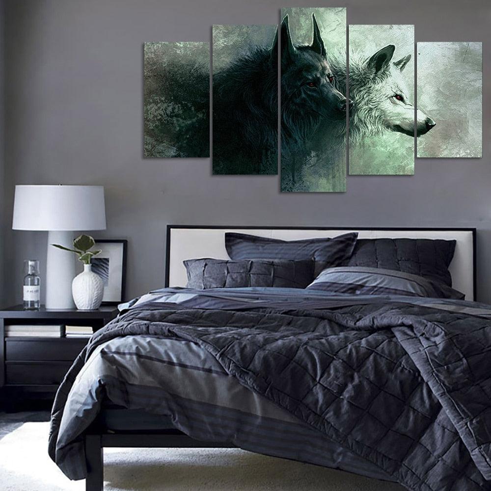 Red Eyes Two Wolves 5 Piece HD Multi Panel Canvas Wall Art Frame-Original Frame