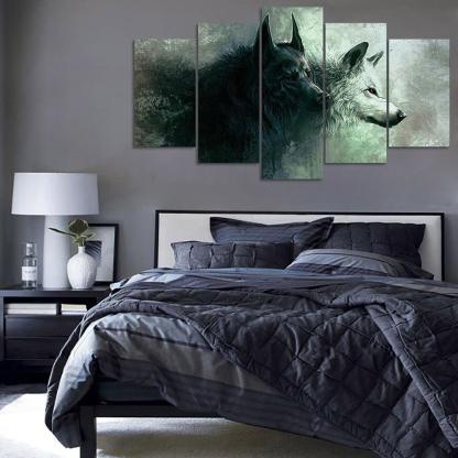 Red Eyes Two Wolves 5 Piece HD Multi Panel Canvas Wall Art Frame-Original Frame