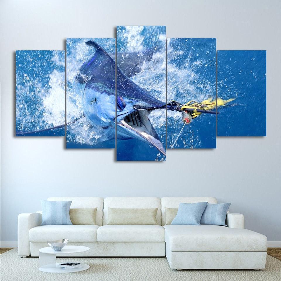 Jumping Marlin Fish 5 Piece HD Multi Panel Canvas Wall Art Frame-Original Frame
