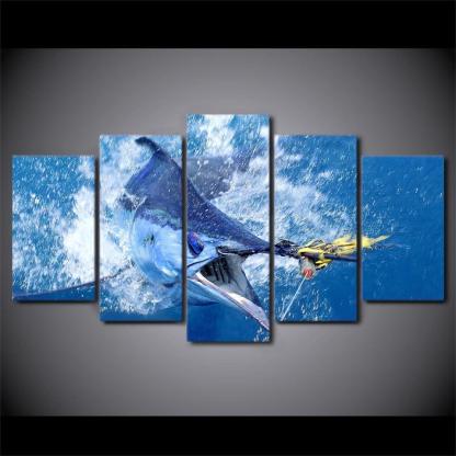 Jumping Marlin Fish 5 Piece HD Multi Panel Canvas Wall Art Frame-Original Frame