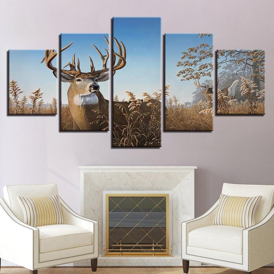 Elk Grazing 5 Piece HD Multi Panel Canvas Wall Art Frame-Original Frame