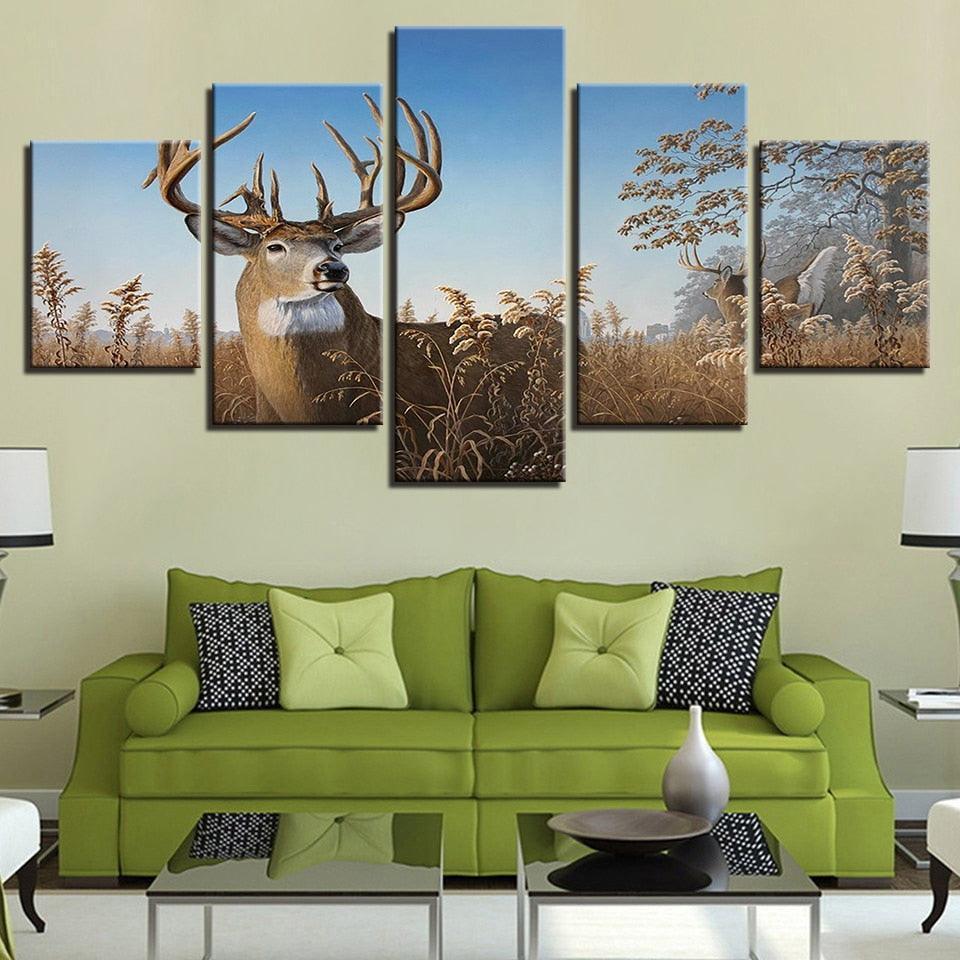 Elk Grazing 5 Piece HD Multi Panel Canvas Wall Art Frame-Original Frame