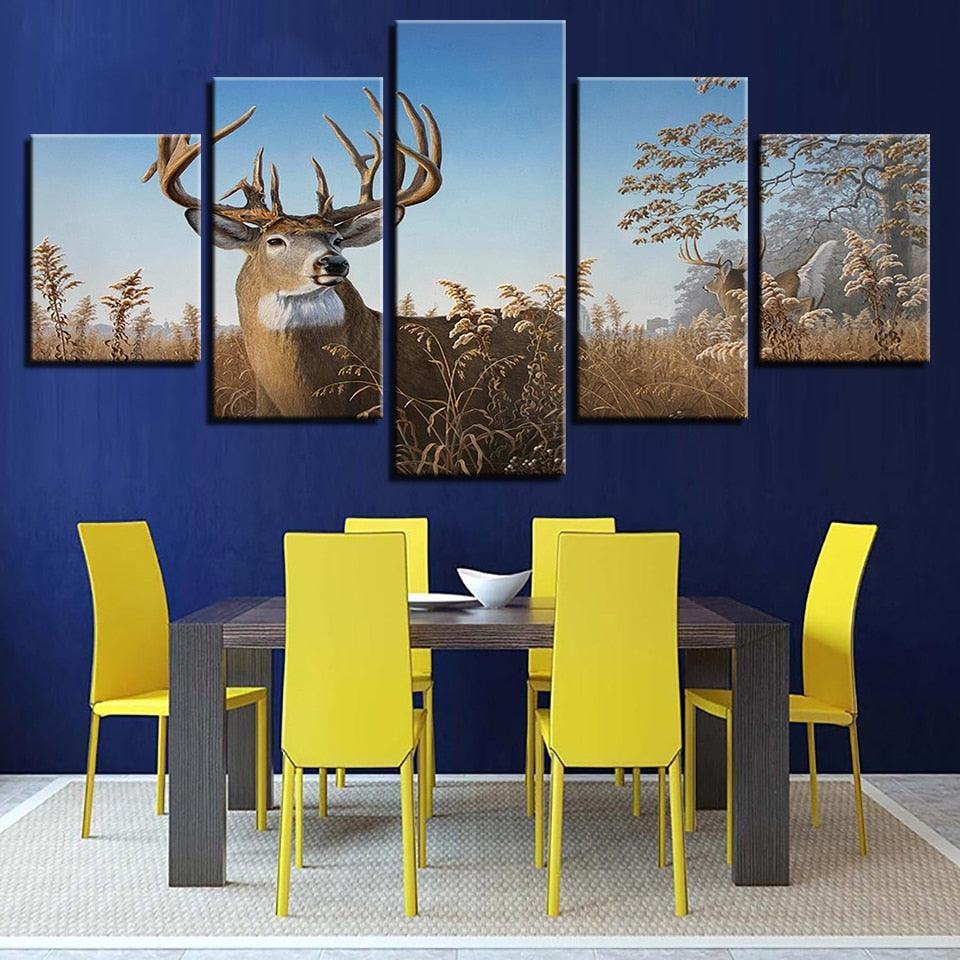 Elk Grazing 5 Piece HD Multi Panel Canvas Wall Art Frame-Original Frame