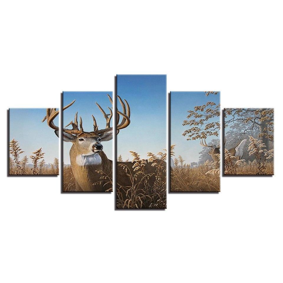 Elk Grazing 5 Piece HD Multi Panel Canvas Wall Art Frame-Original Frame