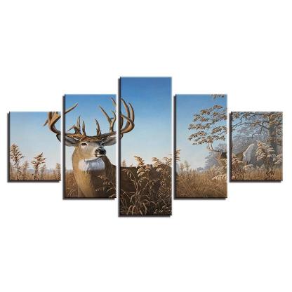 Elk Grazing 5 Piece HD Multi Panel Canvas Wall Art Frame-Original Frame