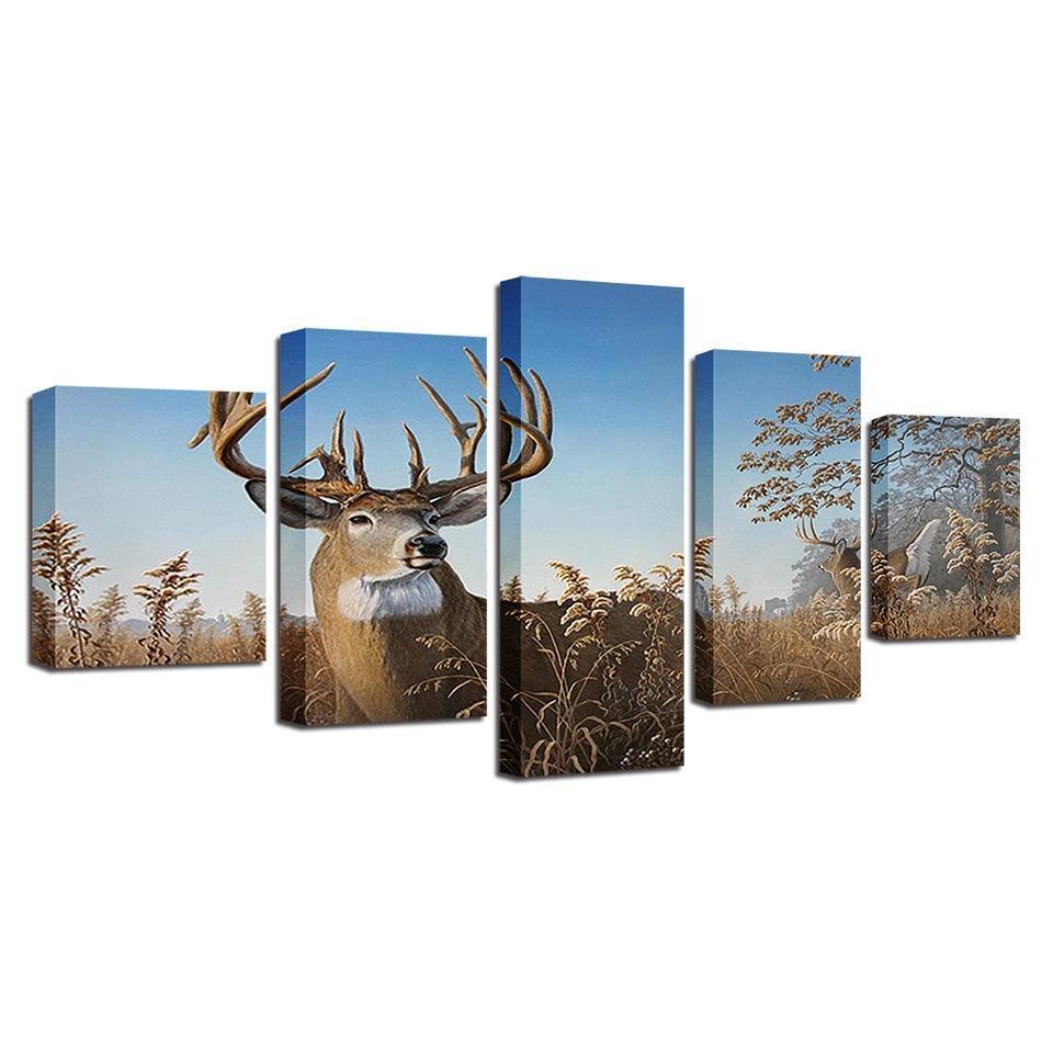 Elk Grazing 5 Piece HD Multi Panel Canvas Wall Art Frame-Original Frame