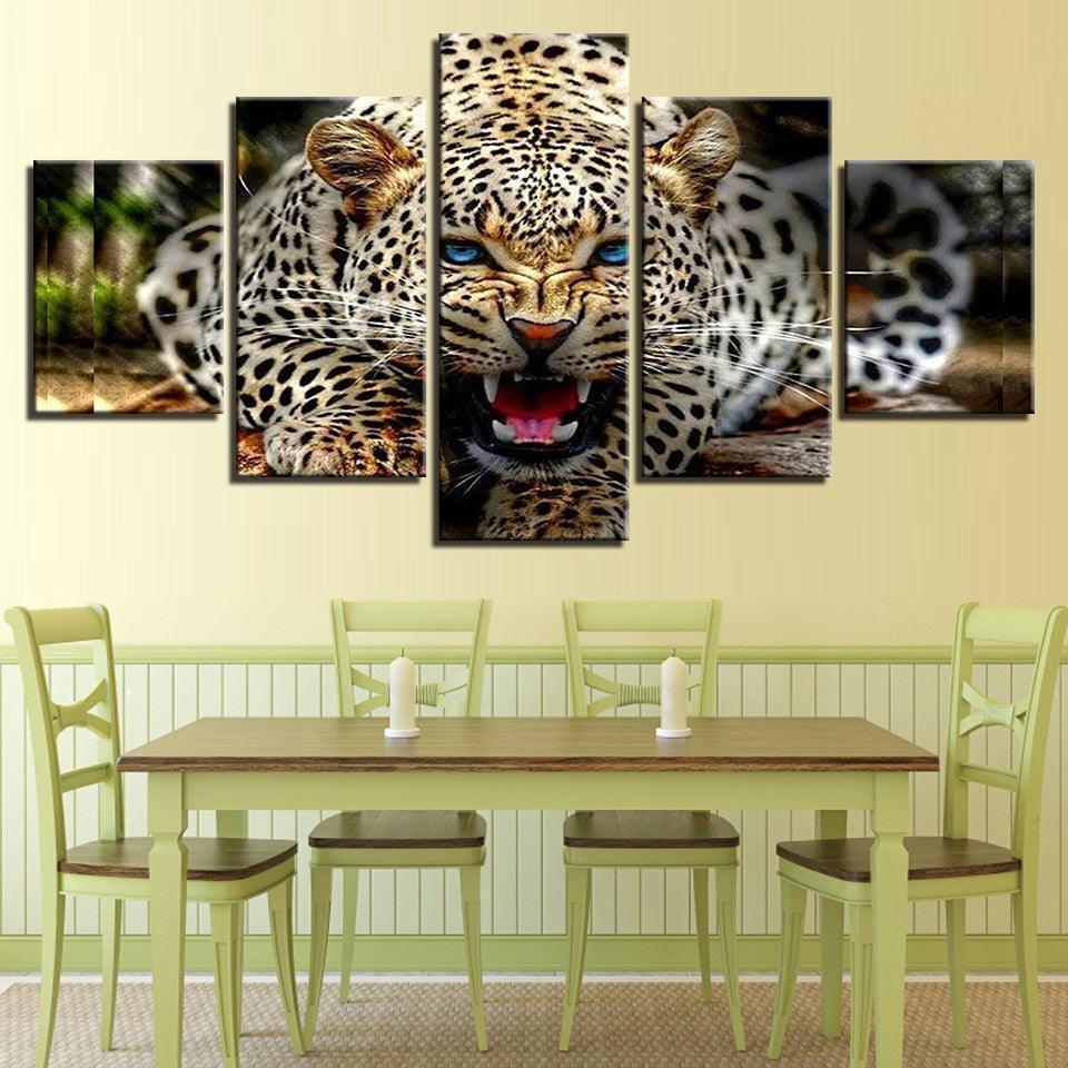 Ferocious Leopard 5 Piece HD Multi Panel Canvas Wall Art Frame-Original Frame