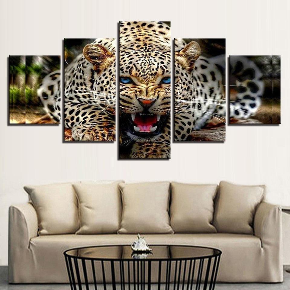 Ferocious Leopard 5 Piece HD Multi Panel Canvas Wall Art Frame-Original Frame