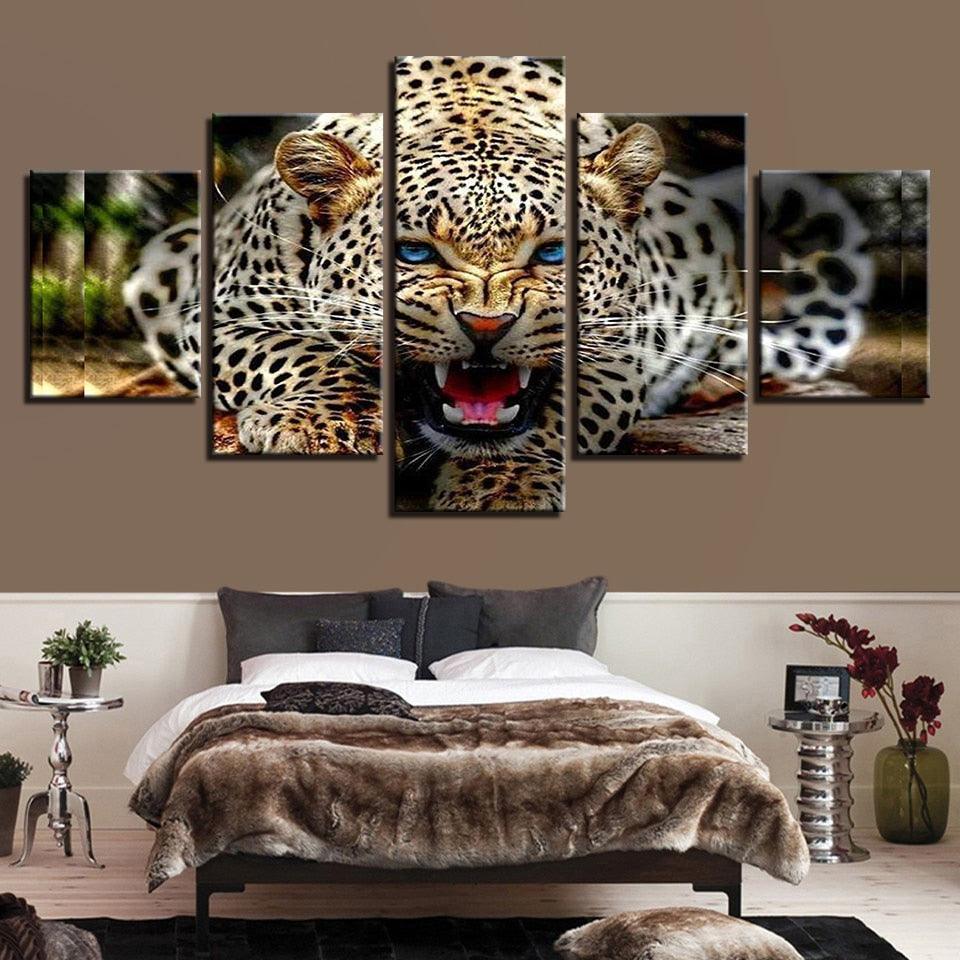 Ferocious Leopard 5 Piece HD Multi Panel Canvas Wall Art Frame-Original Frame