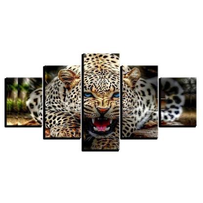 Ferocious Leopard 5 Piece HD Multi Panel Canvas Wall Art Frame-Original Frame