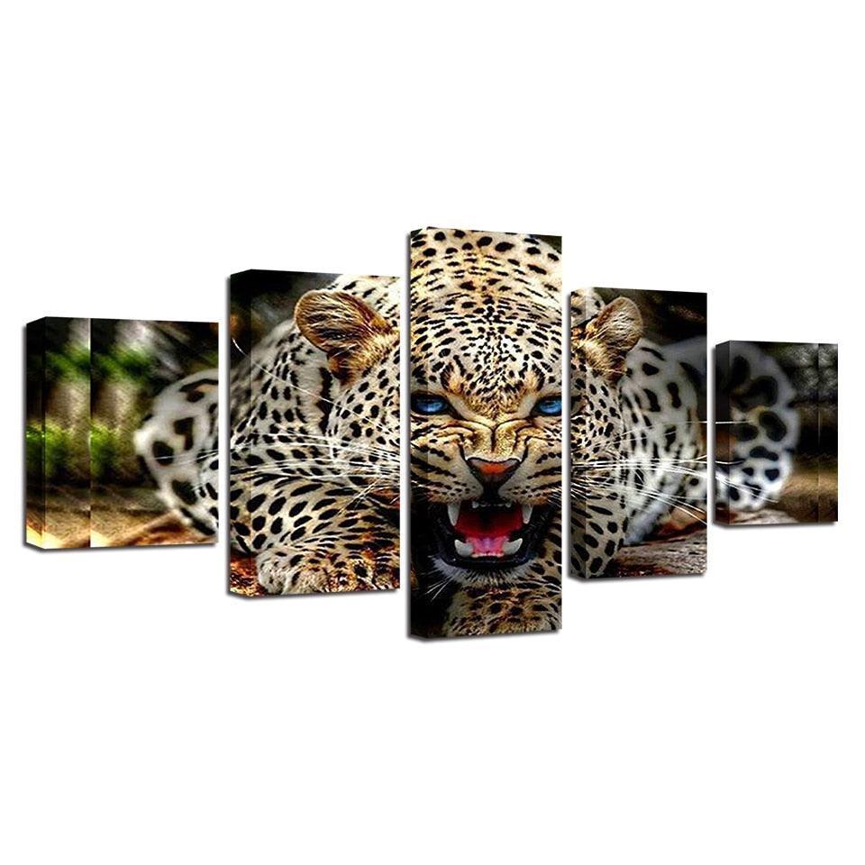 Ferocious Leopard 5 Piece HD Multi Panel Canvas Wall Art Frame-Original Frame