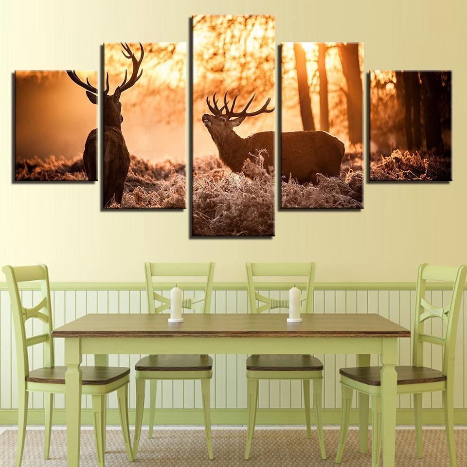 Forest Animal Deer 5 Piece HD Multi Panel Canvas Wall Art Frame-Original Frame
