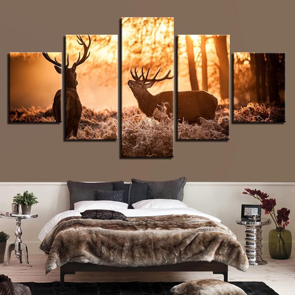 Forest Animal Deer 5 Piece HD Multi Panel Canvas Wall Art Frame-Original Frame
