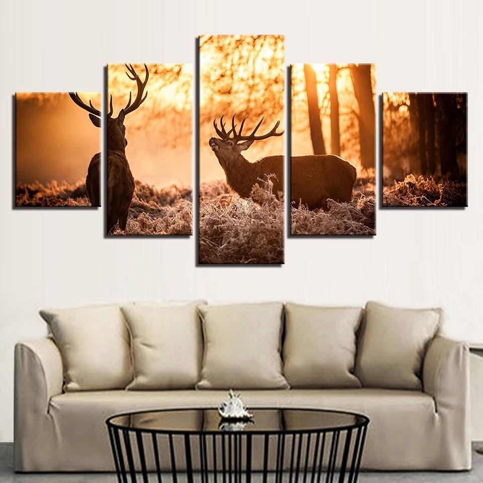 Forest Animal Deer 5 Piece HD Multi Panel Canvas Wall Art Frame-Original Frame