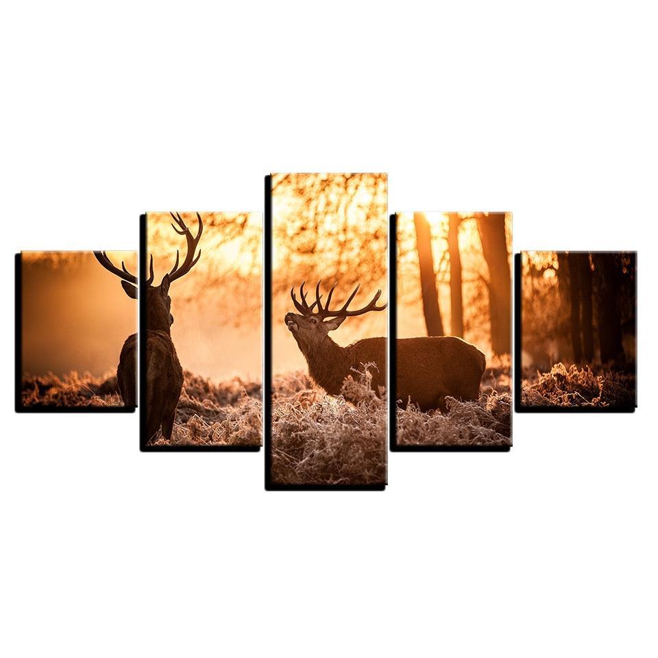 Forest Animal Deer 5 Piece HD Multi Panel Canvas Wall Art Frame-Original Frame
