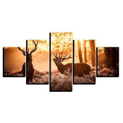 Forest Animal Deer 5 Piece HD Multi Panel Canvas Wall Art Frame-Original Frame