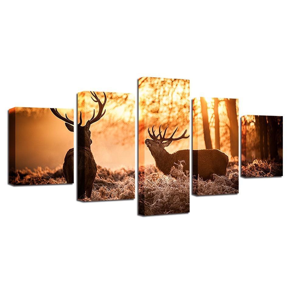 Forest Animal Deer 5 Piece HD Multi Panel Canvas Wall Art Frame-Original Frame