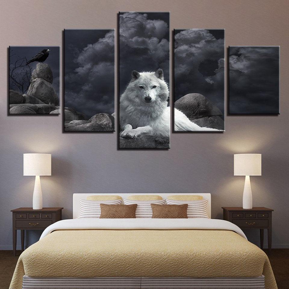 White Wolf 5 Piece HD Multi Panel Canvas Wall Art Frame-Original Frame