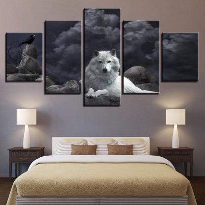 White Wolf 5 Piece HD Multi Panel Canvas Wall Art Frame-Original Frame
