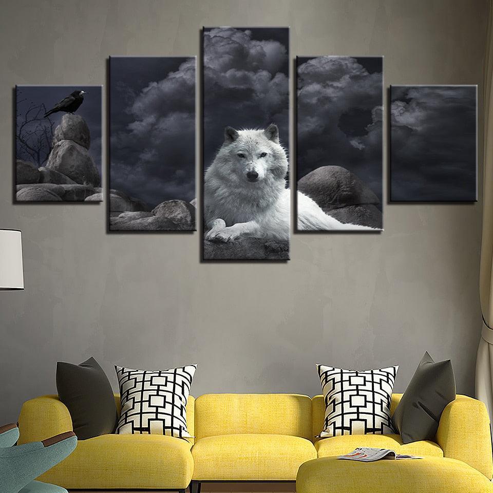 White Wolf 5 Piece HD Multi Panel Canvas Wall Art Frame-Original Frame