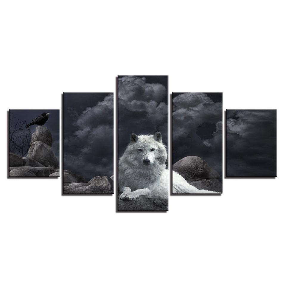 White Wolf 5 Piece HD Multi Panel Canvas Wall Art Frame-Original Frame