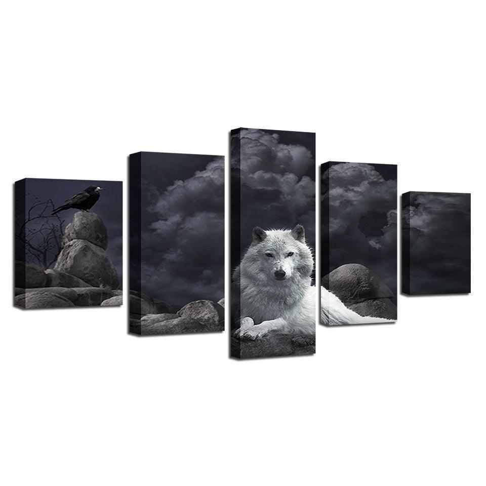 White Wolf 5 Piece HD Multi Panel Canvas Wall Art Frame-Original Frame