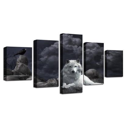 White Wolf 5 Piece HD Multi Panel Canvas Wall Art Frame-Original Frame