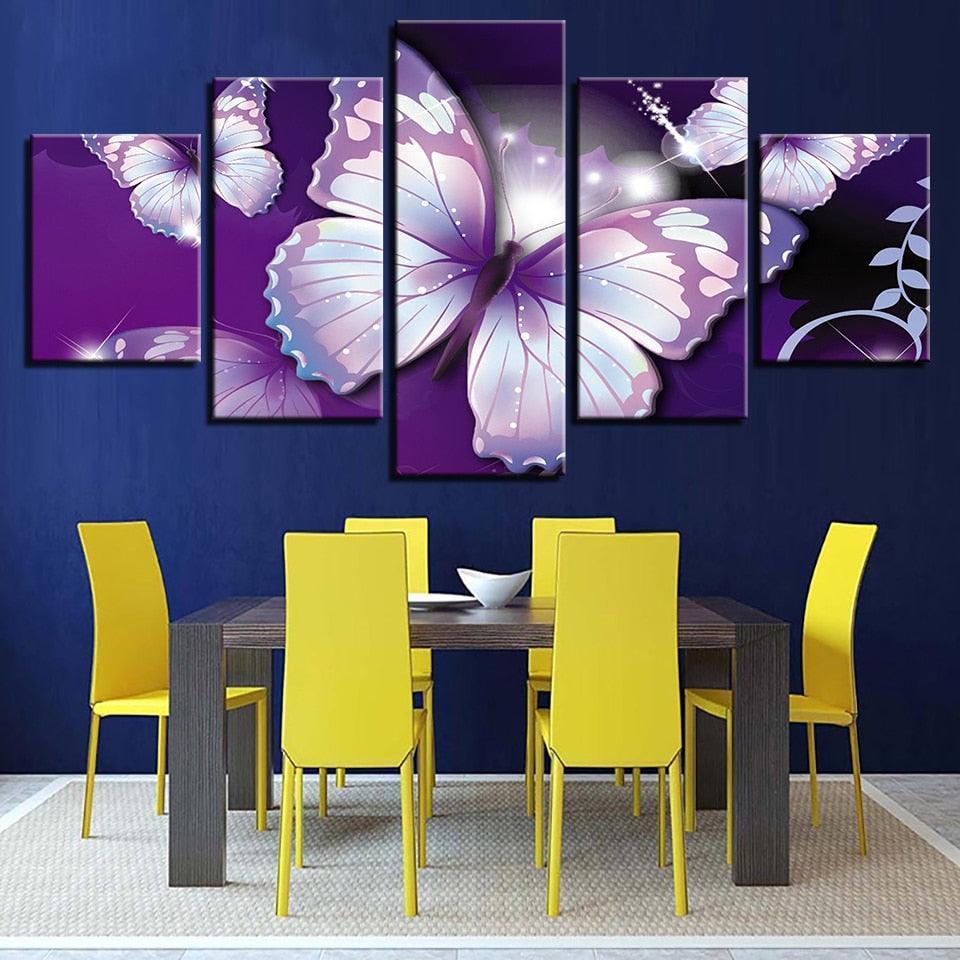 Purple Butterflies 5 Piece HD Multi Panel Canvas Wall Art-Original Frame